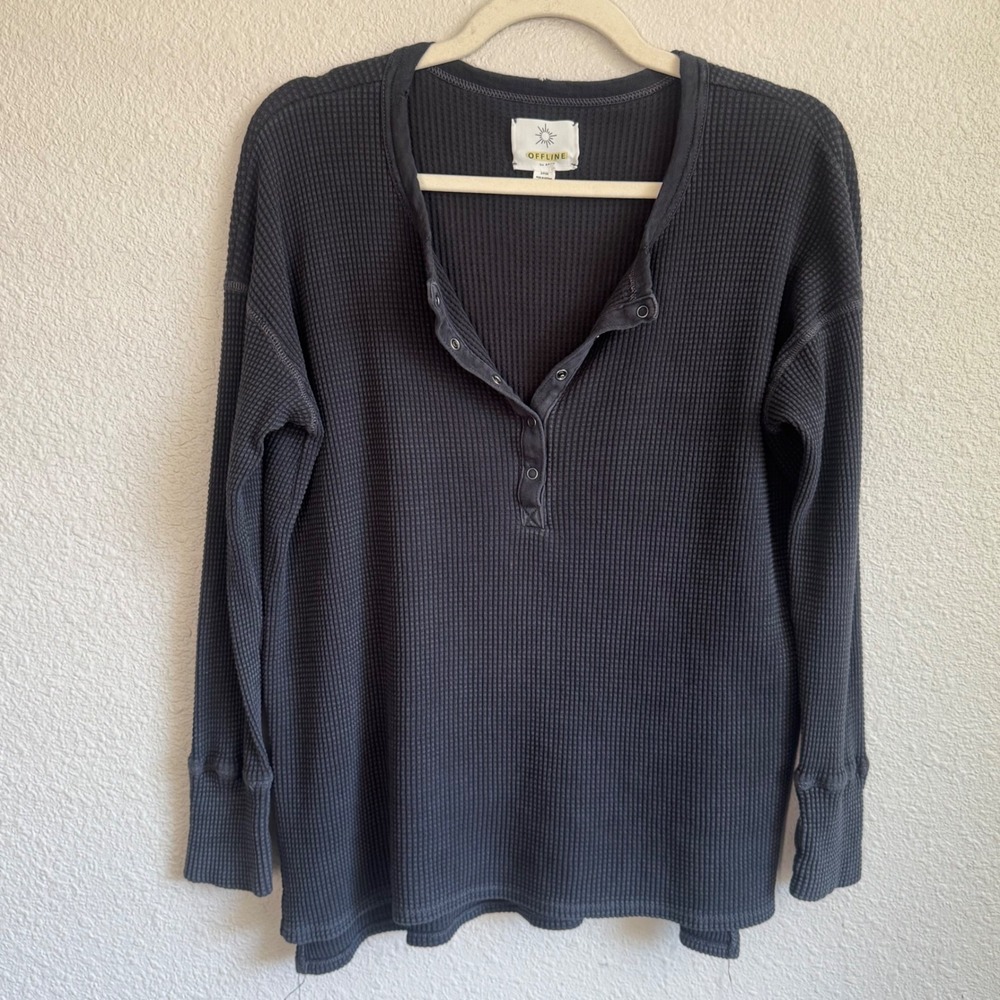 Offline by Aerie Womens Waffle Knit Henley Top Charcoal Grey Long Sleeve Small